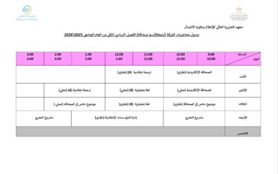 يُعلن الجزيرة العالي للإعلام وعلوم الاتصال جداول محاضرات الفصل الدراسي الثاني ٢٠٢٥/٢٠٢٦